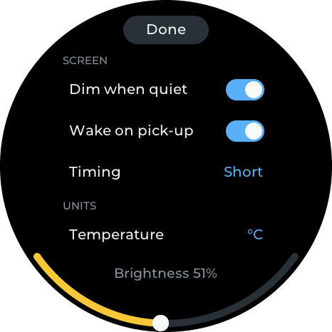Settings screen: dim when quiet and wake on pick-up switched on, timing Short, temperature in °C, brightness 83%