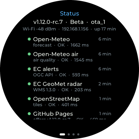 Status page: firmware version, Wi-Fi signal and a list of online services, each with a green dot and its response time